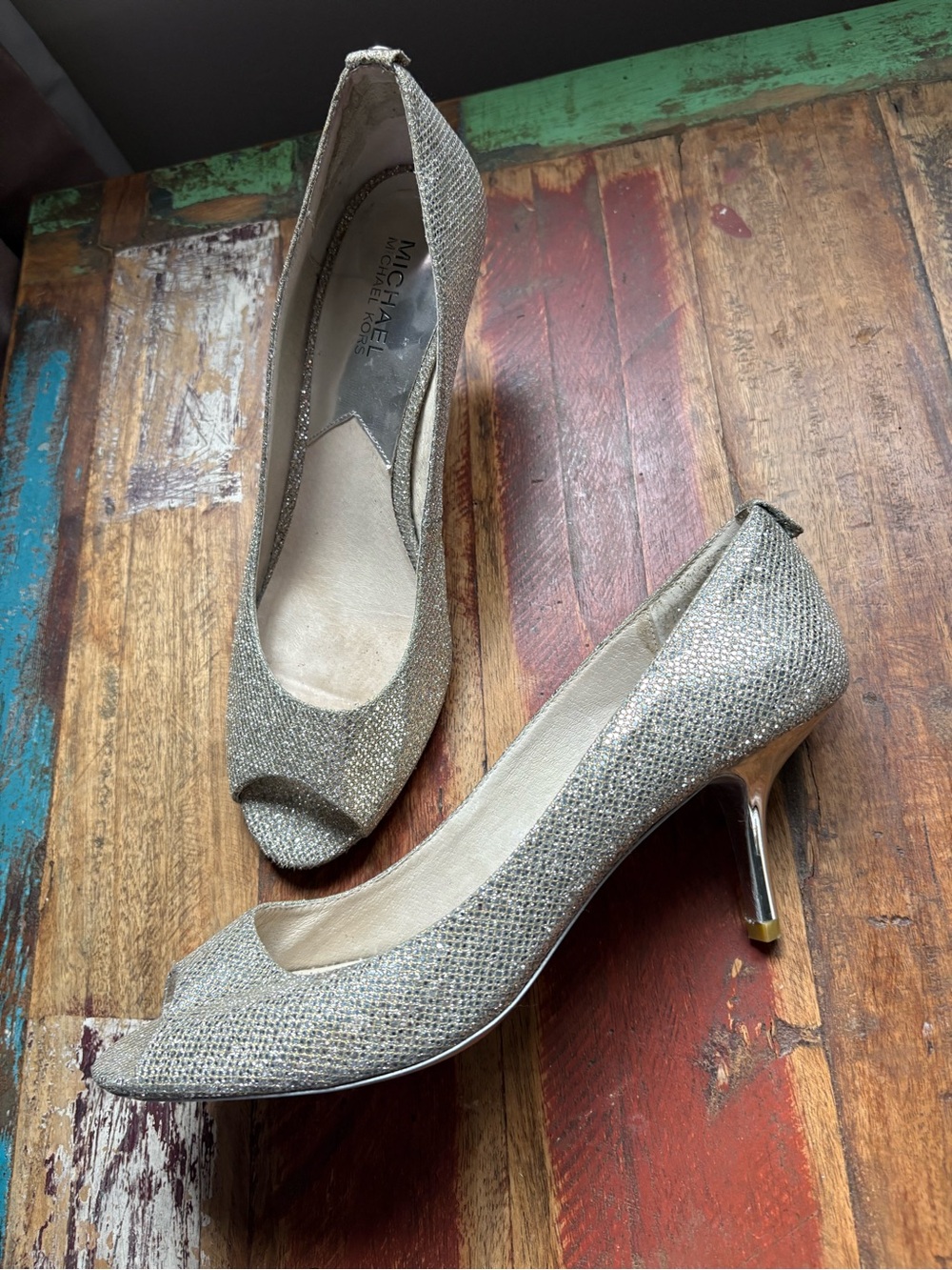 MICHAEL Kors Glitter Peep-Toe Wedges in Metallic Silver-Taupe